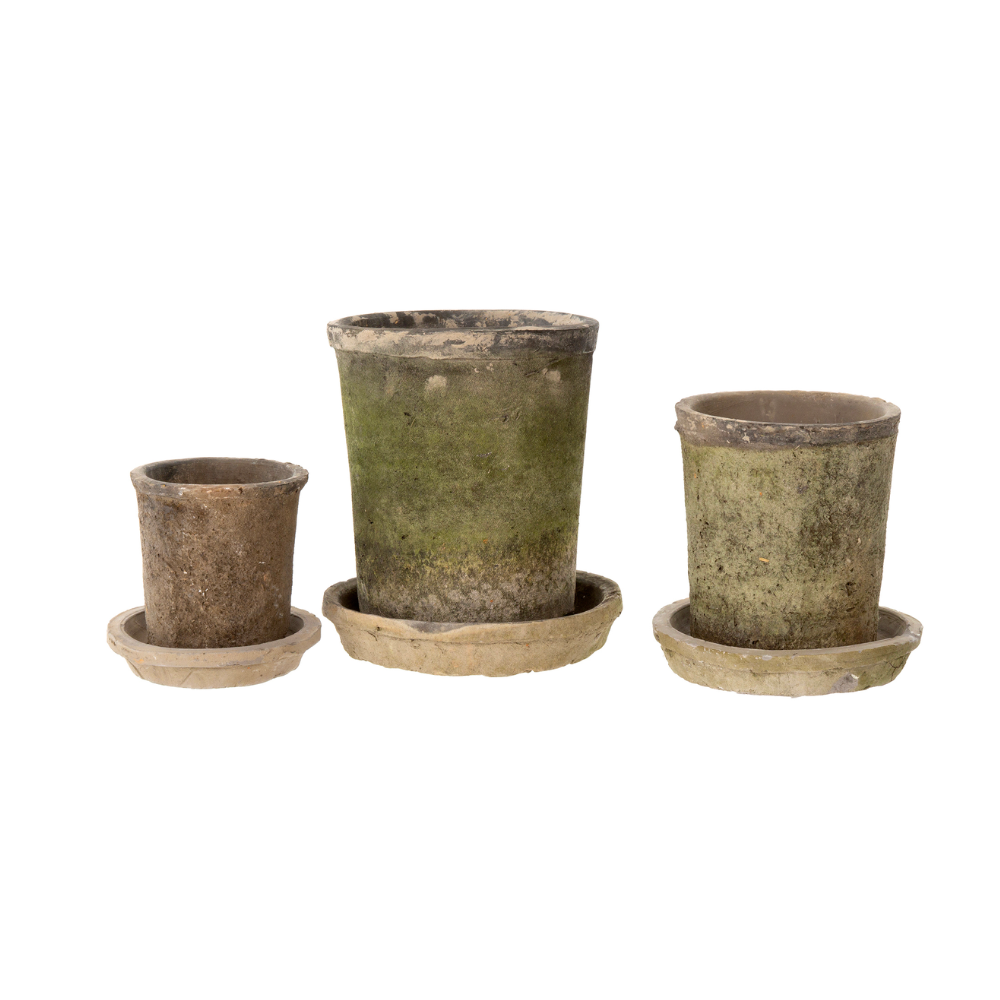 Aged Clay Cylinder Pot + Saucer - Antique Blackstone