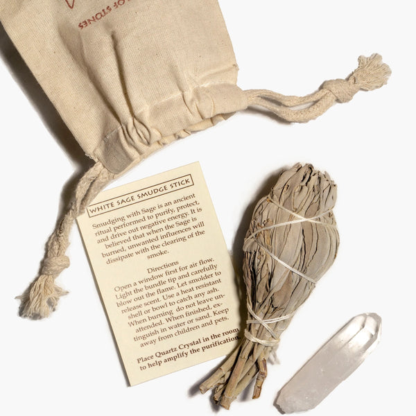 White Sage Smudge Stick and Crystal in pouch